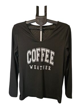 V-Neck Long Sleeve Tee with 'COFFEE WEATHER' Graphic - Black